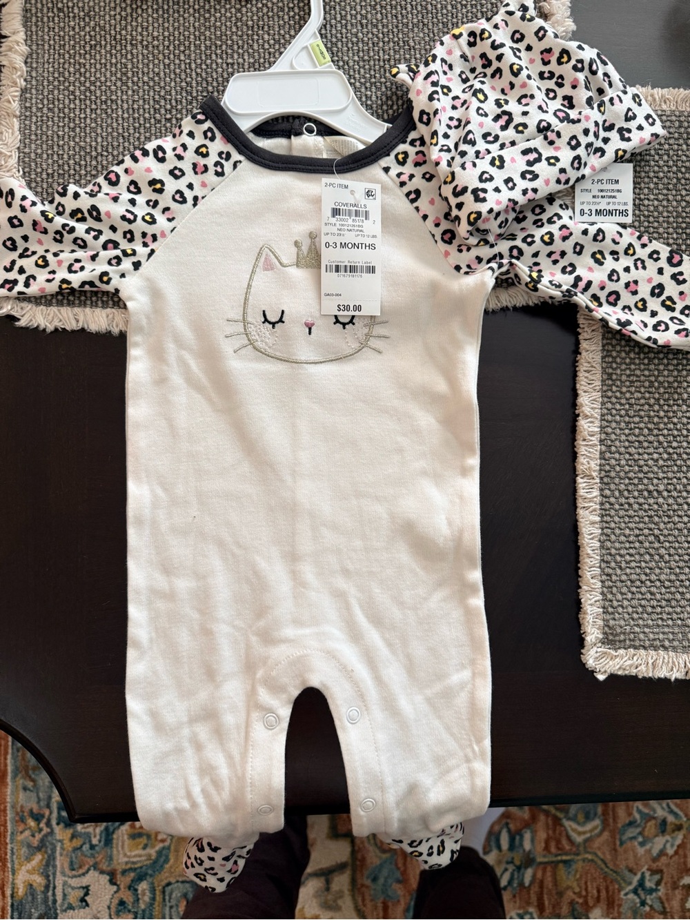 Carter's Cream Cat Footed One-Piece with Leopard Print Accents and hat
